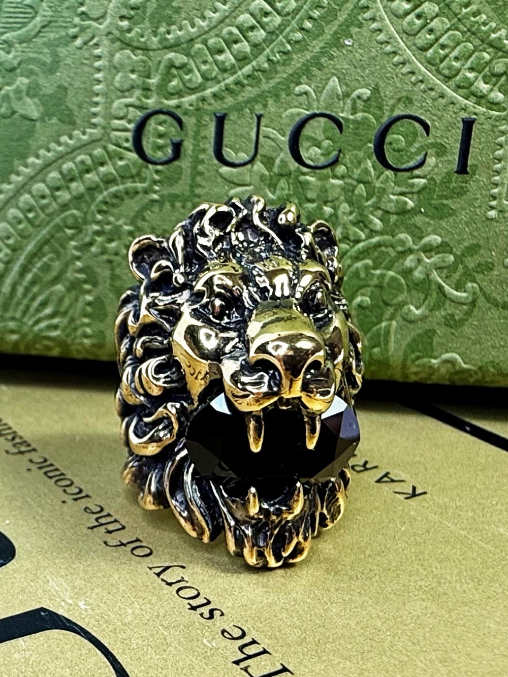 Gucci Lion Head Statement Ring with Black Onyx Crystal